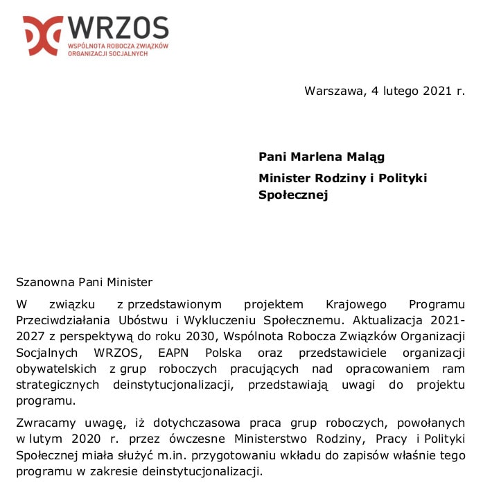 Uwagi do projektu Krajowego Programu Przeciwdziałania Ubóstwu i Wykluczeniu Społecznemu. Aktualizacja 2021-2027 z perspektywą do roku 2030