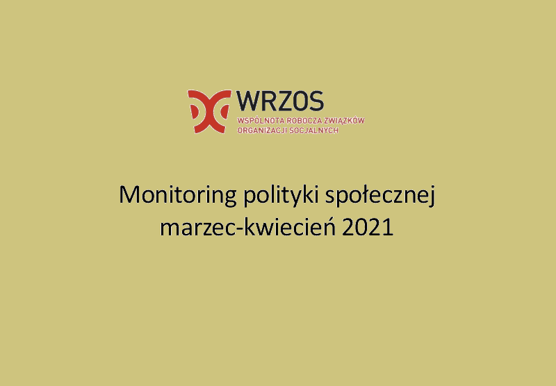 strona tytułowa z napisem "Monitoring polityki społecznej marzec - kwiecień 2021"