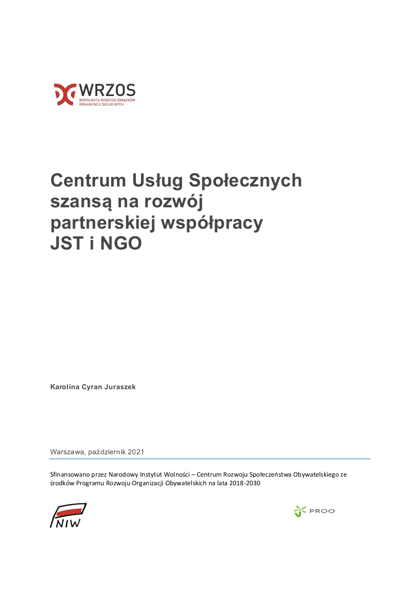 Ekspertyza „Centrum Usług Społecznych szansą na rozwój partnerskiej współpracy JST i NGO”