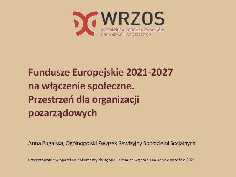 fragment strony tytułowej ekspertyzy „Fundusze Europejskie 2021-2027 na włączenie społeczne. Przestrzeń dla organizacji pozarządowych”
