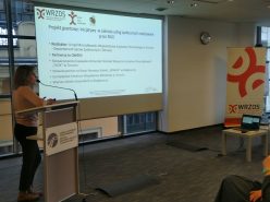 Ewa Kwiesielewic-Szyszka, obok slajd z prezentacji zatytułowany "Projekt grantowy: Inicjatywy w zakresie uslug społecznych relizowane przez NGO"